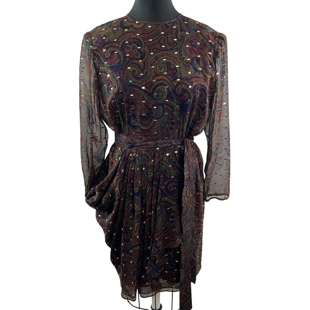 VTG Saks Fifth Avenue LIANCARLO Paisley Sheath Dress Long Mesh Sleeves Size 12